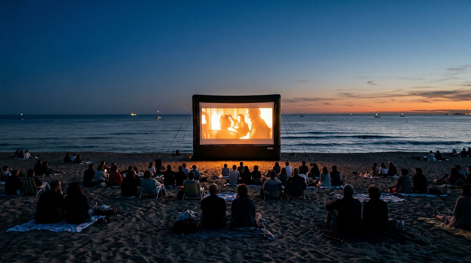 Cine de verano frente al mar en Barcelona al atardecer